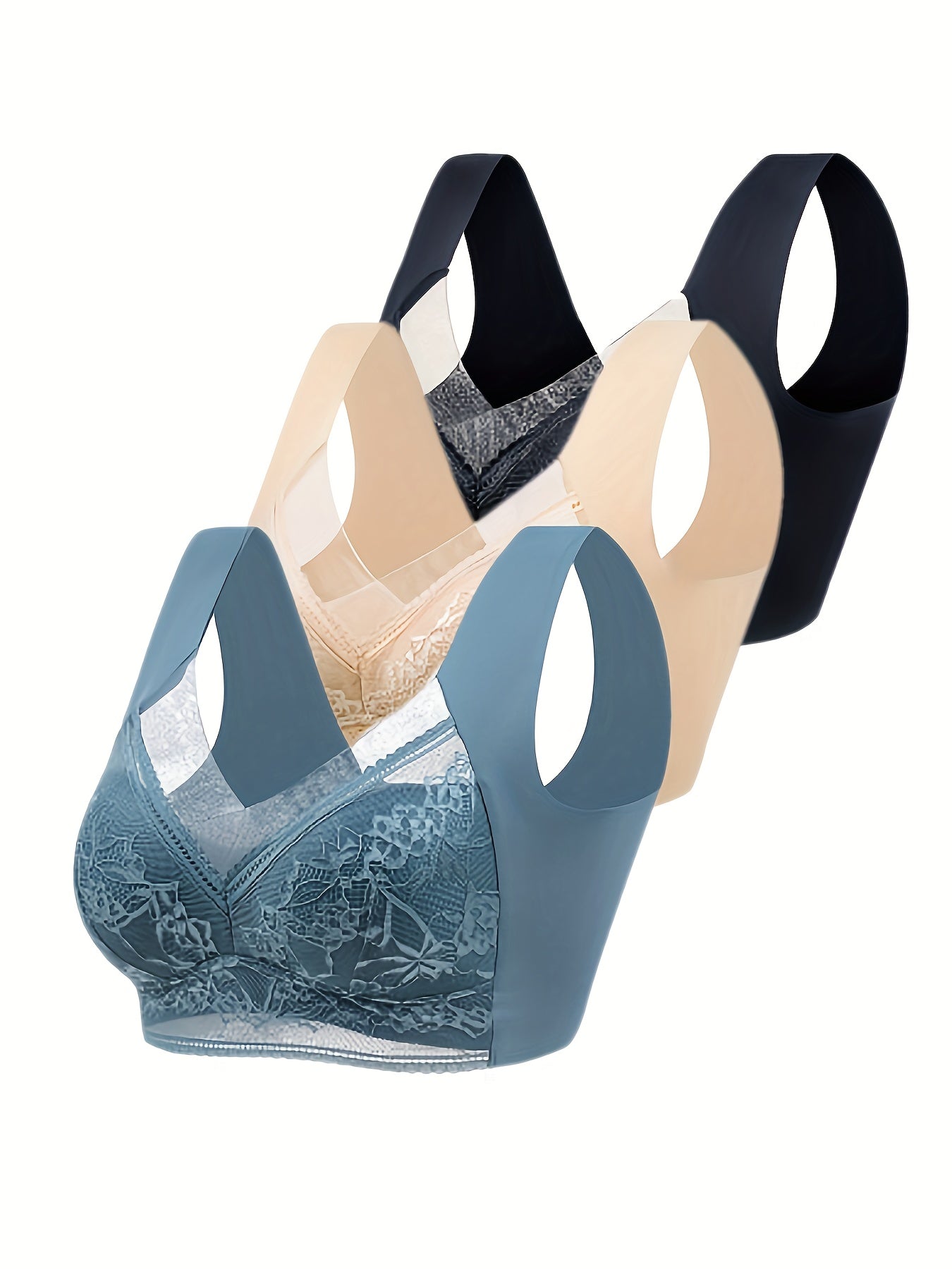 3pcs Lace Wireless Bras Comfy Push Up Women's Lingerie