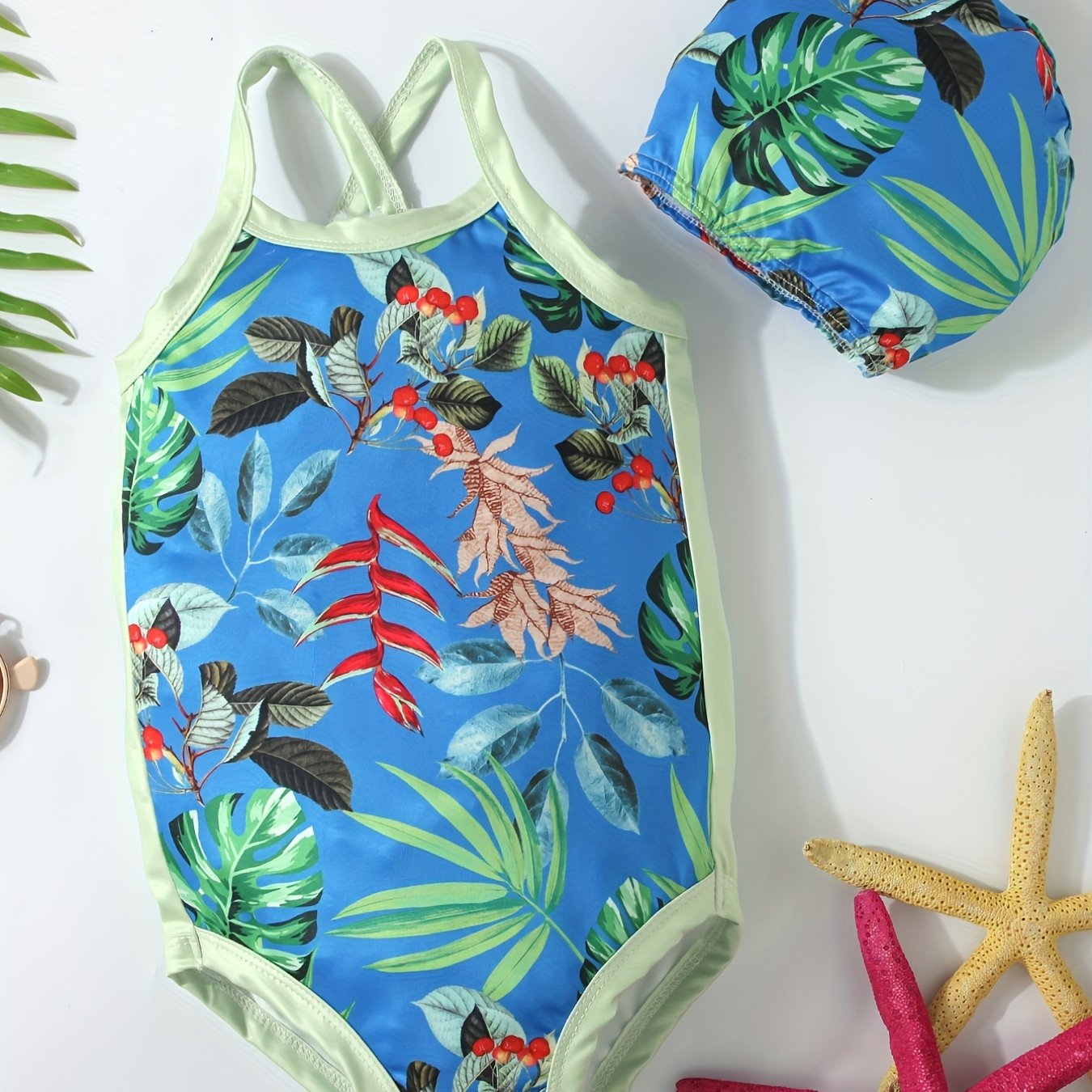 2pcs Toddler Girls Tropical Flowers One Piece Swimsuit & Cap