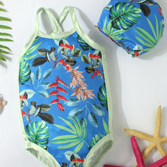 2pcs Toddler Girls Tropical Flowers One Piece Swimsuit & Cap
