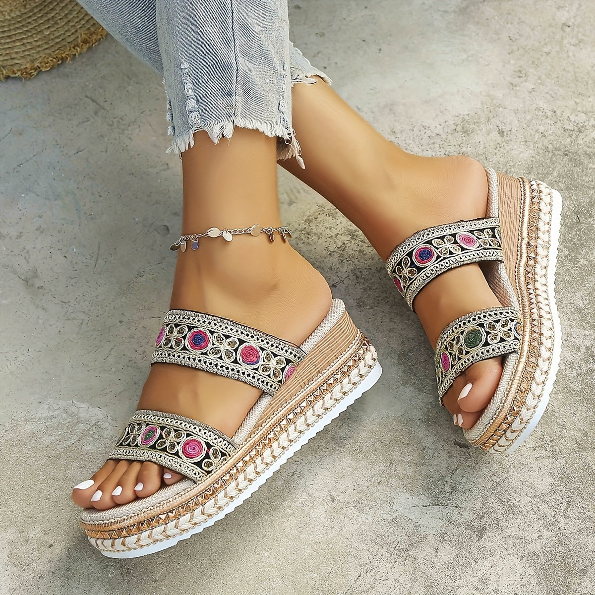 Women's Wedge Espadrille Sandals Square Toe Slip On Platform Slide Sandals