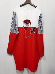 Women's Plus Colorblock Christmas Wine Glass Long Sleeve Midi Dress