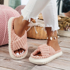 Plush Cross Strap Platform Slippers - Comfortable Home Shoes