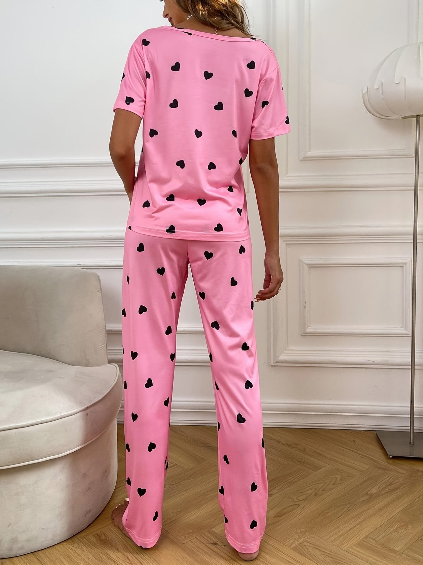 Heart Print Pink Pajamas Set Short Sleeve Top & Elastic Waistband Pants