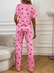 Heart Print Pink Pajamas Set Short Sleeve Top & Elastic Waistband Pants