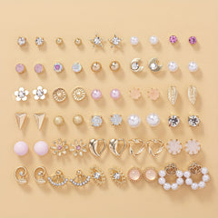 30 Pairs Faux Pearl Leaf Moon Pattern Zircon Earrings Set for Women Girls