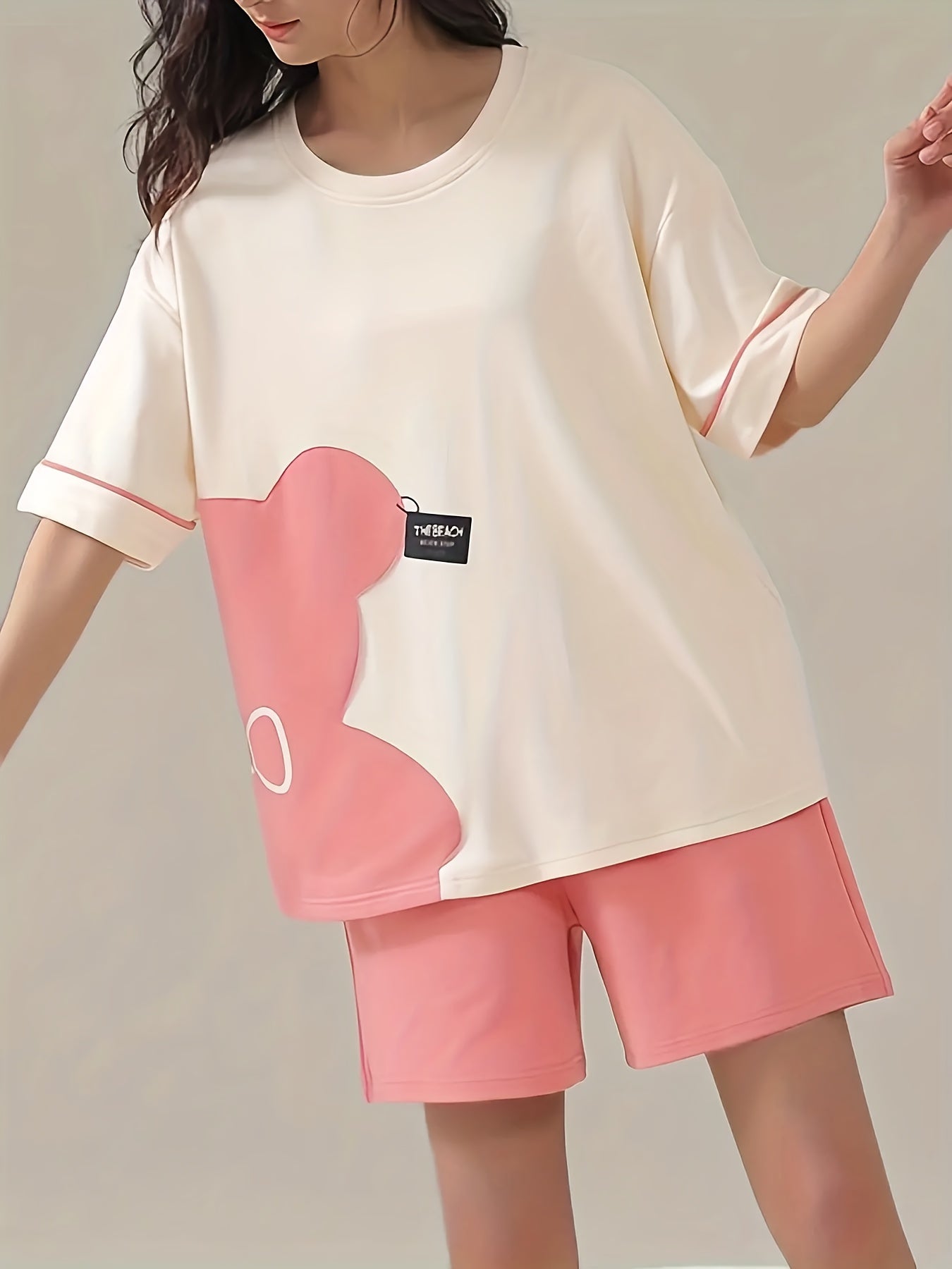 Bear Print Pajama Set Short Sleeve Top & Shorts Women's Sleepwear