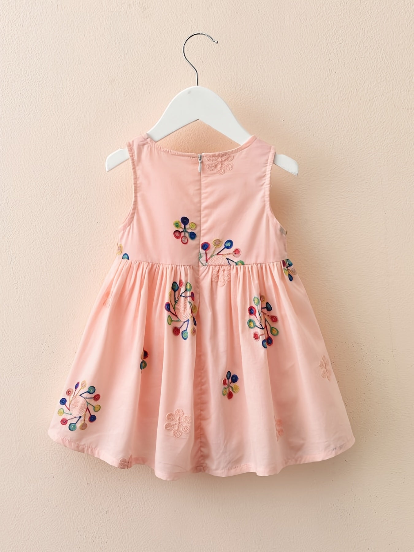 Girls Sleeveless Dress with Flower Embroidery Print