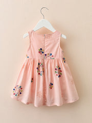 Girls Sleeveless Dress with Flower Embroidery Print