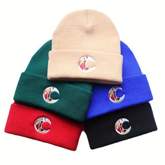 Crescent Embroidery Beanie Knit Hat Unisex Warm Lightweight