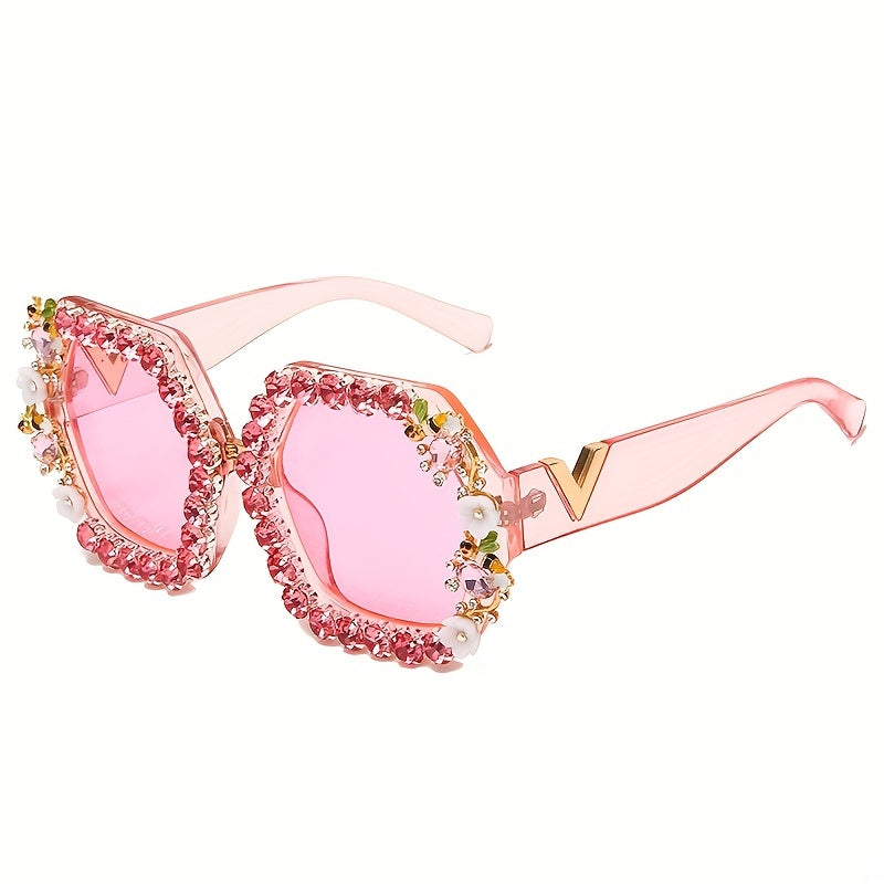 Ombre Lens Sunglasses Rhinestone Decor Square Frame Wide Temple Eyewear