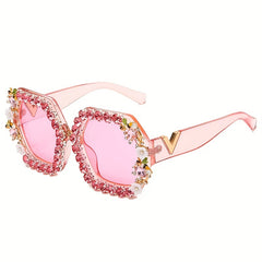 Ombre Lens Sunglasses Rhinestone Decor Square Frame Wide Temple Eyewear