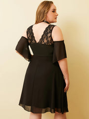 Dress Women's Plus Lace & Mesh Cold Shoulder V Neck A line Dress