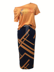 Letter Print Cold Shoulder Top & Geo Print Skirt Set