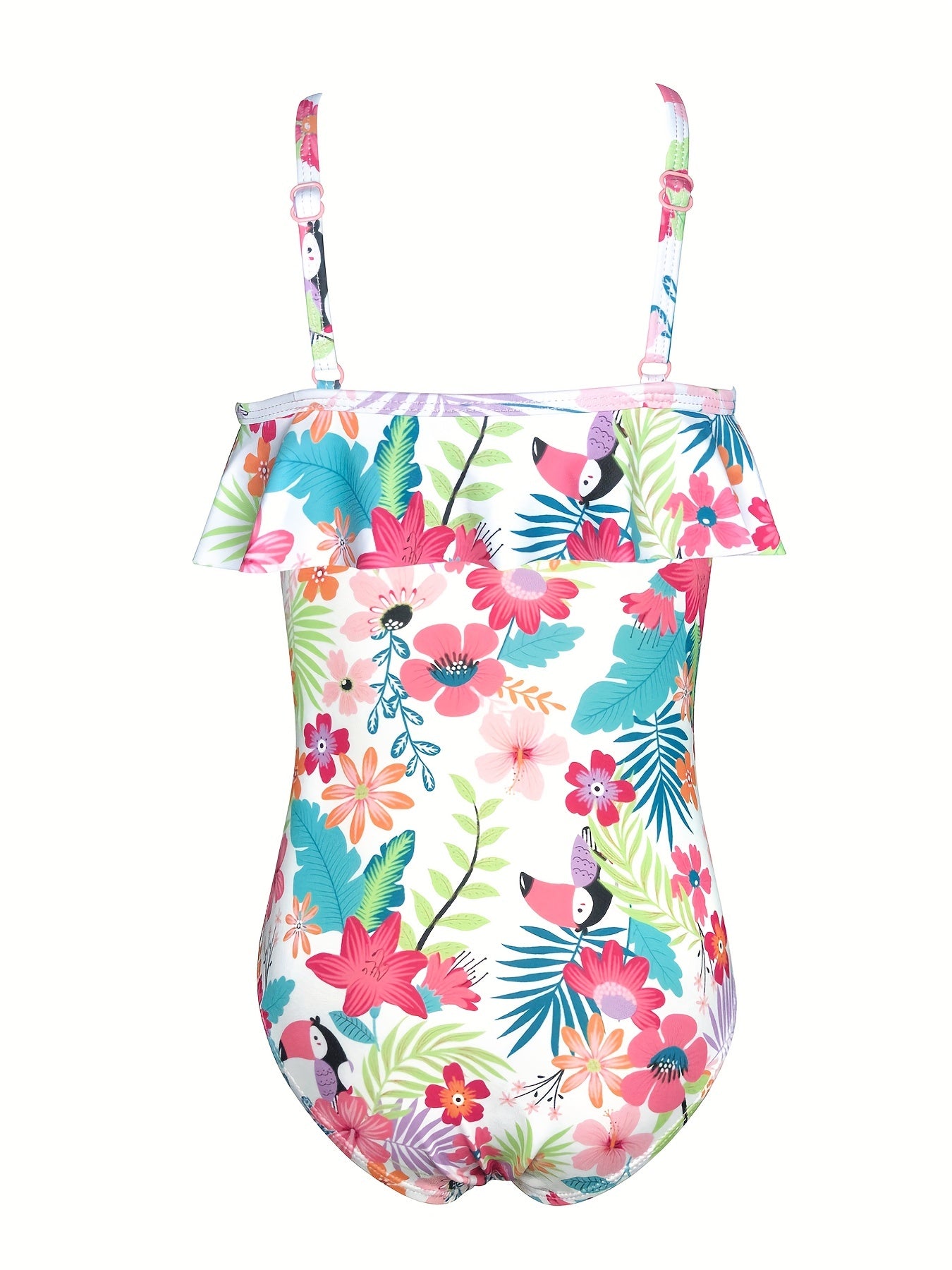 Girls' Floral Ruffled Trim Suspenders Swimsuit