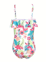 Girls' Floral Ruffled Trim Suspenders Swimsuit