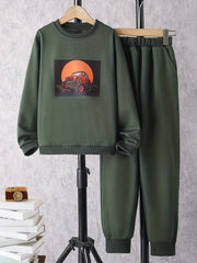 Boy's Cartoon Car Sweatshirt & Sweatpants Set for Spring Fall