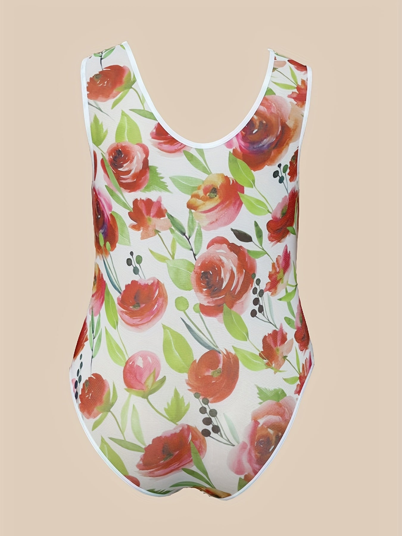 Rose Print Contrast Lace Trim Sheer Bodysuit