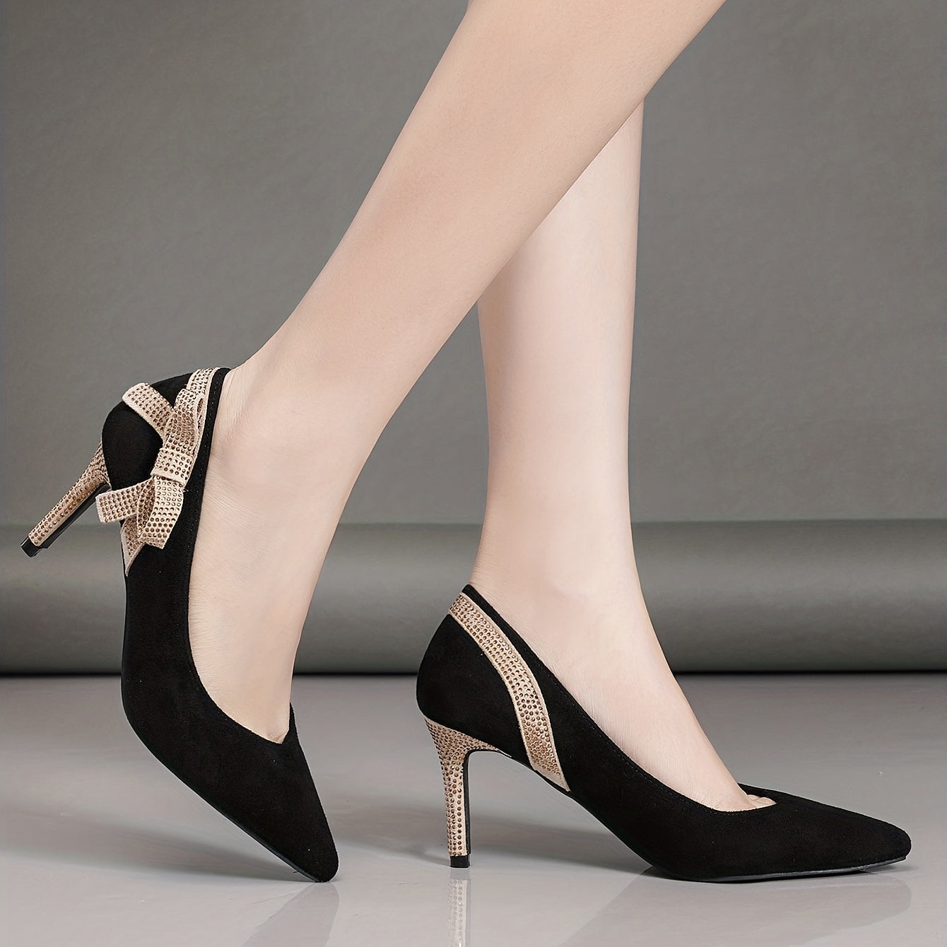 Women's Bowknot Rhinestone Pumps Pointed Toe Stiletto Heels