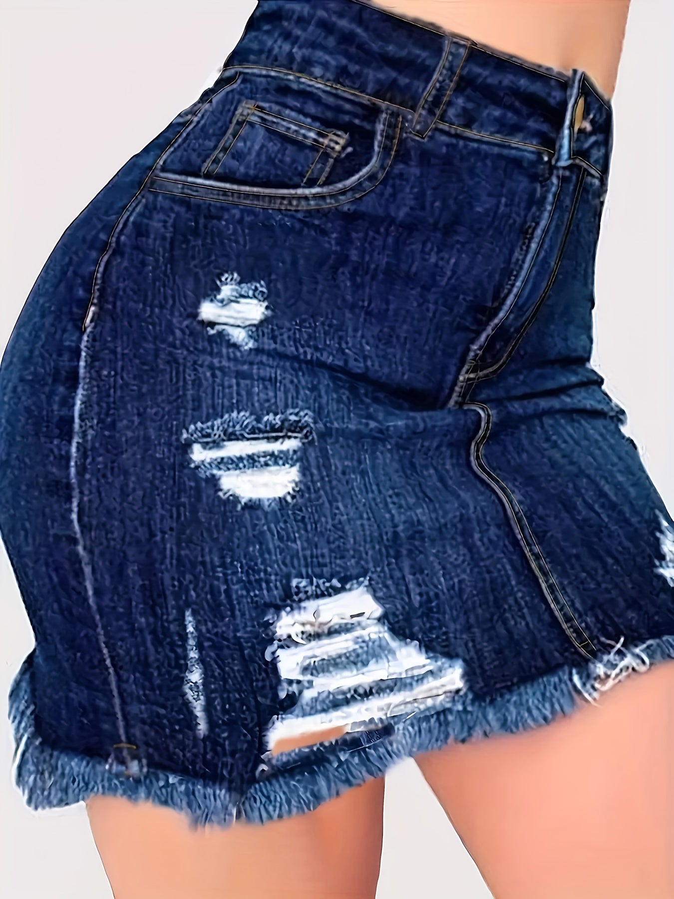 Casual Denim Shirt & Solid Ripped Denim Skirt Set