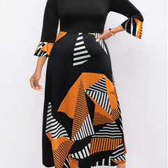 Colorblock Geometric Print Bell Sleeve Maxi Dress