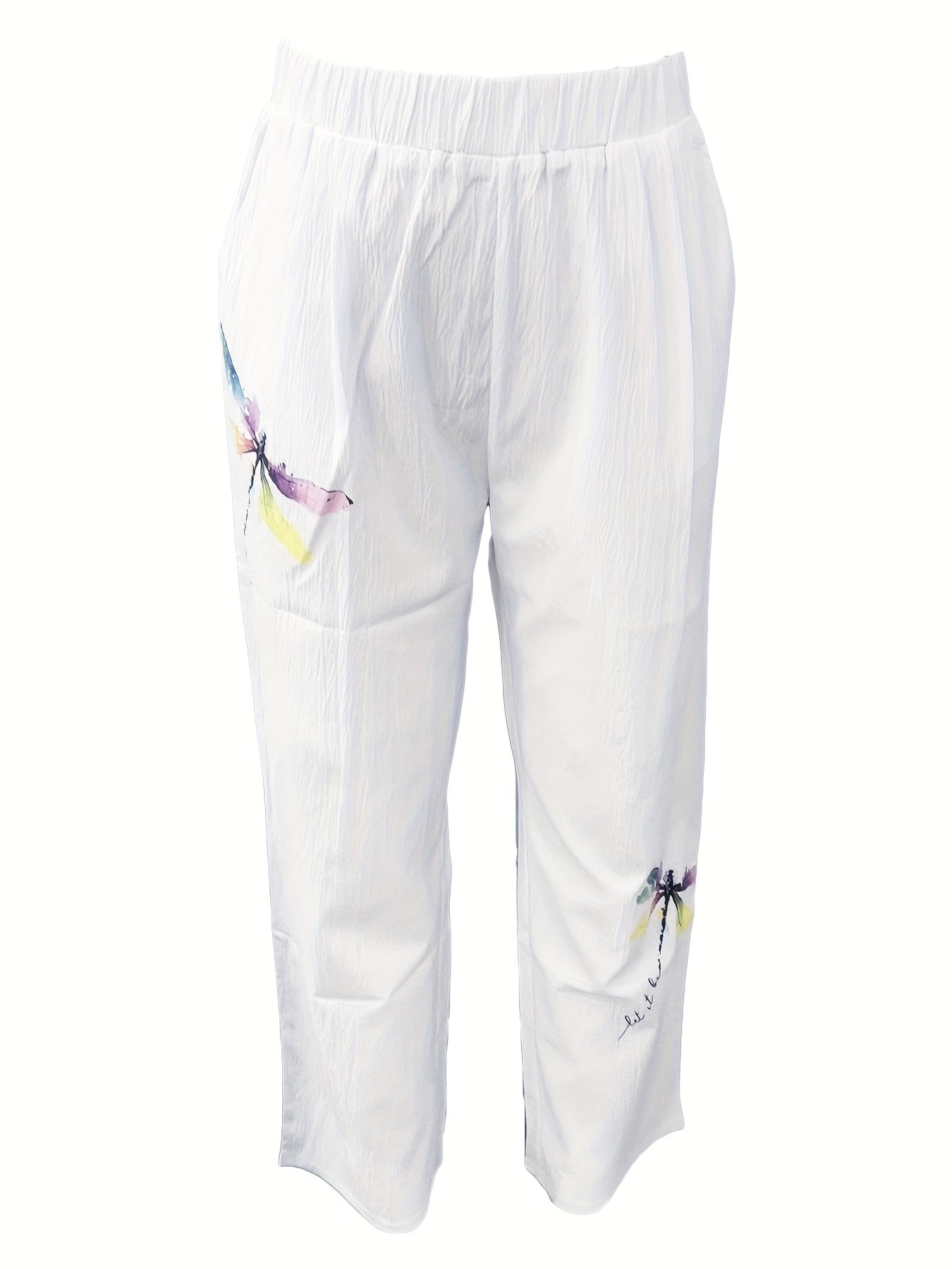 Dragonfly Print Pants Casual Elastic Waist Summer Pants Women's Clothing