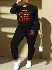 Slogan Print V-Neck Top & Leggings Set