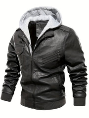 Men's PU Leather Hooded Jacket for Outdoor Cycling