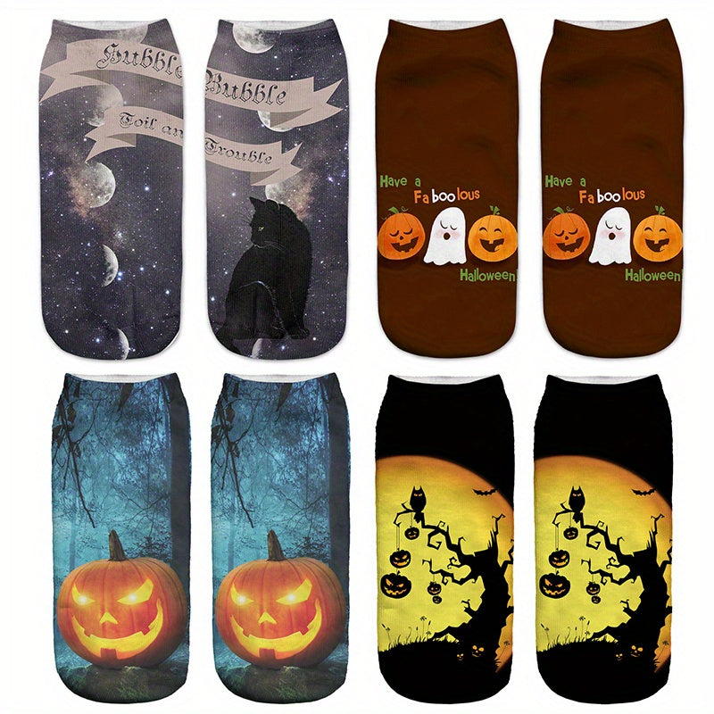 4 Pairs Pumpkin Print Socks Funny Halloween Low Cut Women's Stockings
