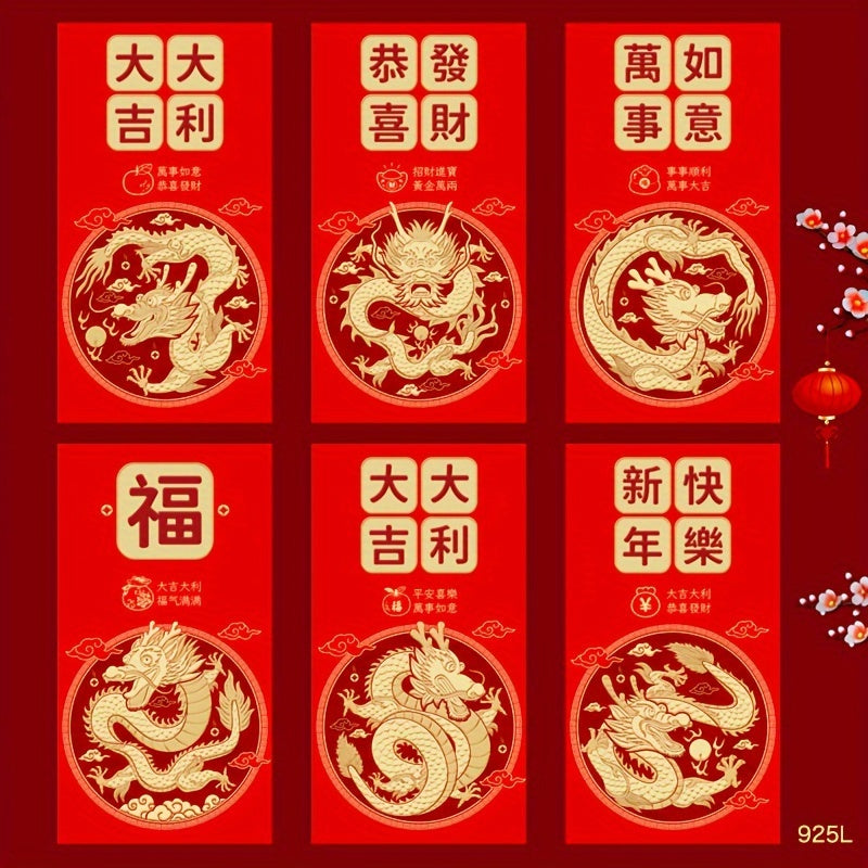 6pc Traditional Dragon Red Envelopes, Creative 3D Lucky Money Envelope