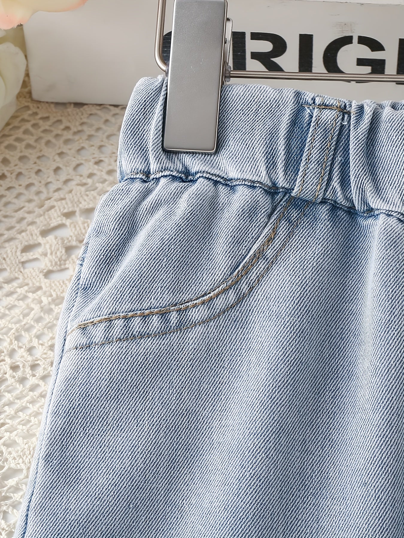 Girls Light Washed Casual Jeans Straight Leg Elastic Waist Denim Pants