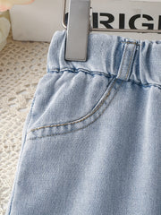 Girls Light Washed Casual Jeans Straight Leg Elastic Waist Denim Pants
