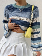 Hollow Out Block Knit Sweater Casual Crew Neck Long Sleeve