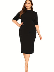 Solid Half Sleeve Mock Neck Midi Dress