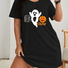 Women's Plus Size Halloween Lounge Dress Ghost & Pumpkin Print Tee Nightdress