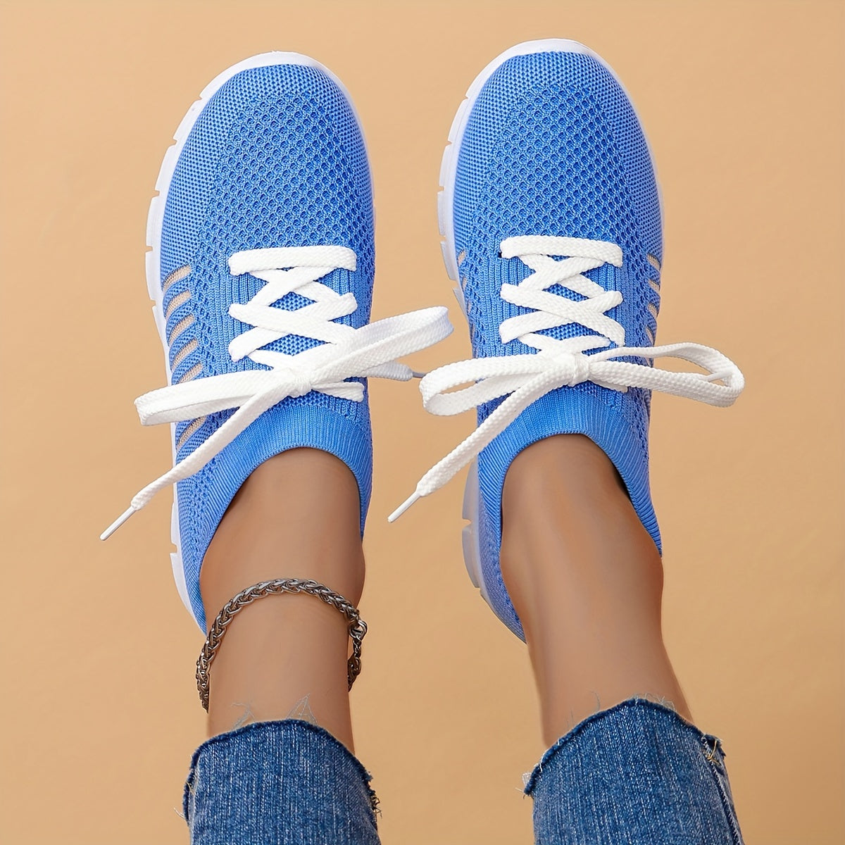 Women's Hollow Out Stripe Mesh Sneakers Soft Sole Lace-up Running Shoes