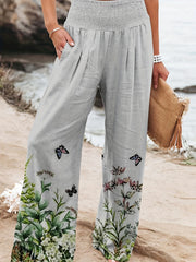 Plus Plant & Butterfly Print Shirred Waist High Rise Wide Leg Trousers