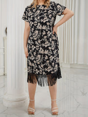 Floral Print Short Sleeve Midi Dress with Fringe Trim