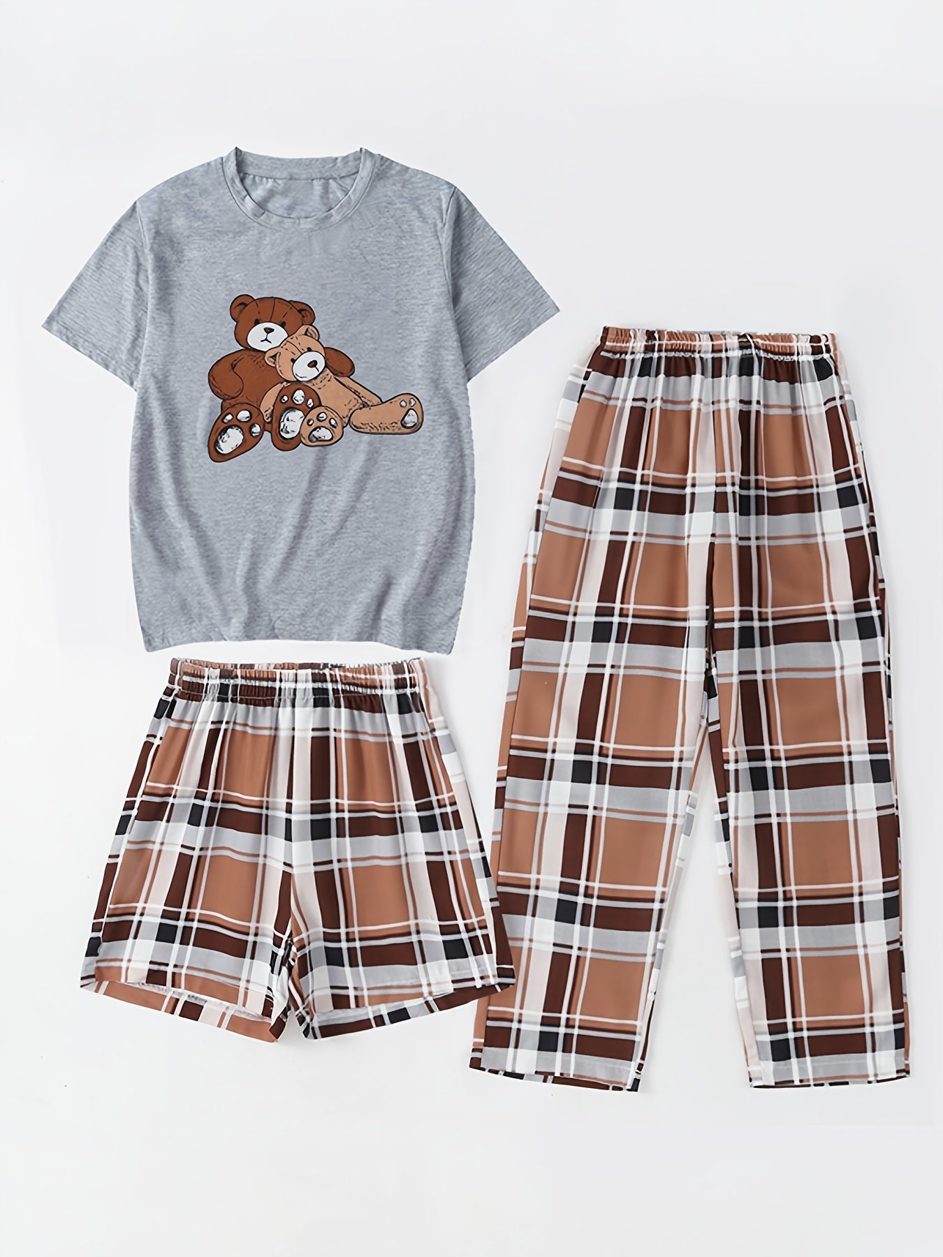 Girls Bear Graphic Pajamas Set, Crew Neck T-Shirt & Plaid Shorts