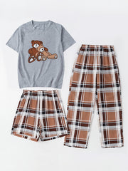 Girls Bear Graphic Pajamas Set, Crew Neck T-Shirt & Plaid Shorts