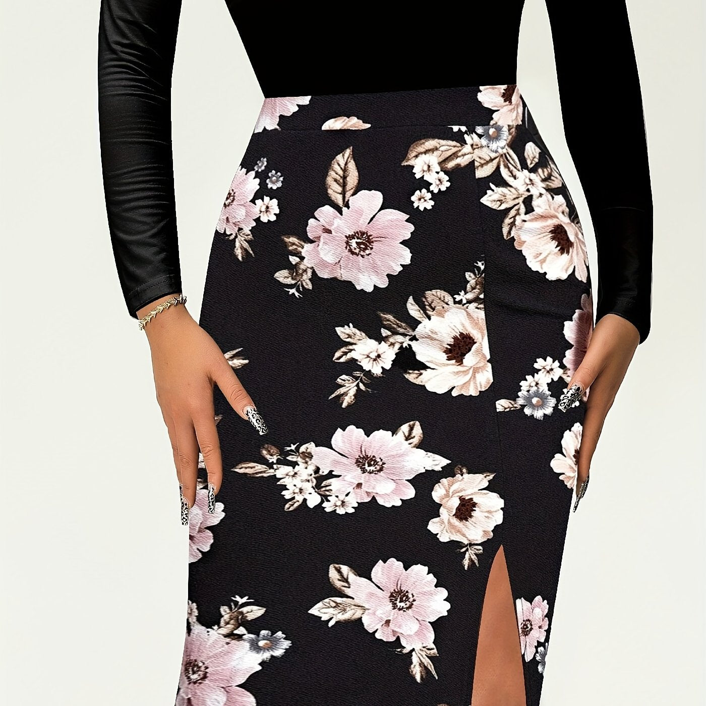 Floral Print High Waist Slit Skirt for Women