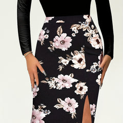 Floral Print High Waist Slit Skirt for Women