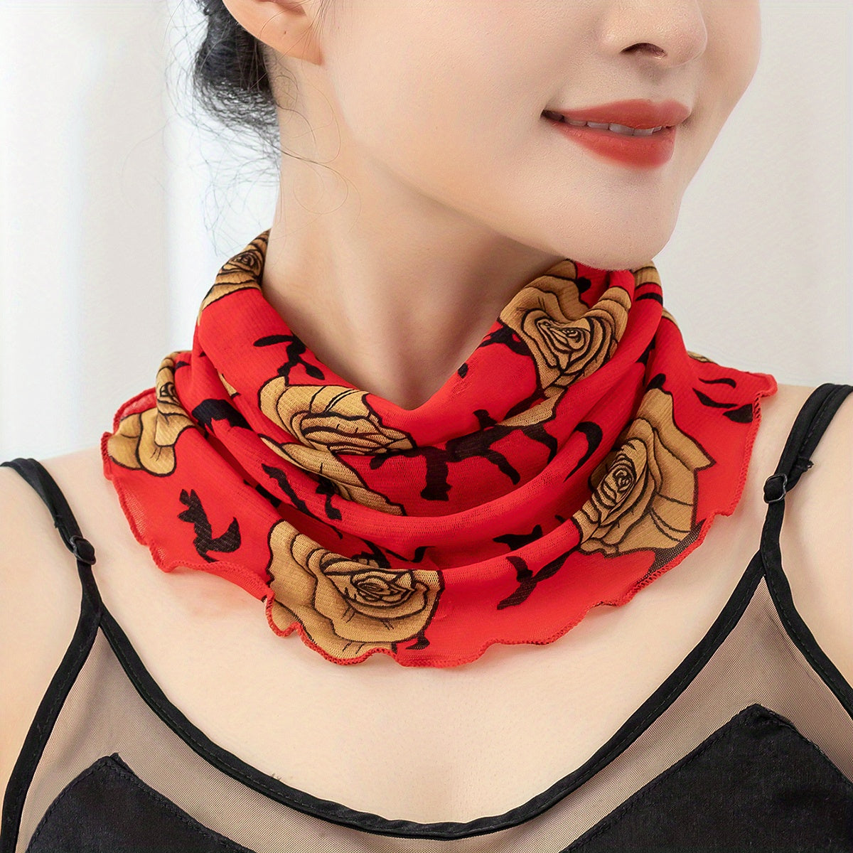 Classic Rose Print Scarf Red Ruffles Thin Breathable Gauze Neck Gaiter