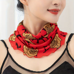 Classic Rose Print Scarf Red Ruffles Thin Breathable Gauze Neck Gaiter