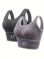 2 Pack Plus Size Sports Bra Women's Plus Letter Print Ribbed Round Neck Bra Set
