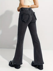 Heart Shape Flare Leg Jeans High Rise Denim Pants