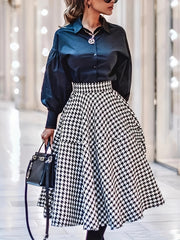 Women's Plus Houndstooth Print High Rise Swing A line Midi Skirt