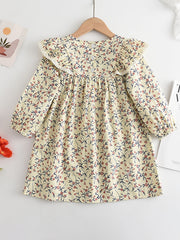 Toddler Girls Long Puff Sleeve Ruffle Trim Floral Princess Dress