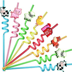 24pcs Farm Animal Plastic Straws & 2 Cleaning Brushes