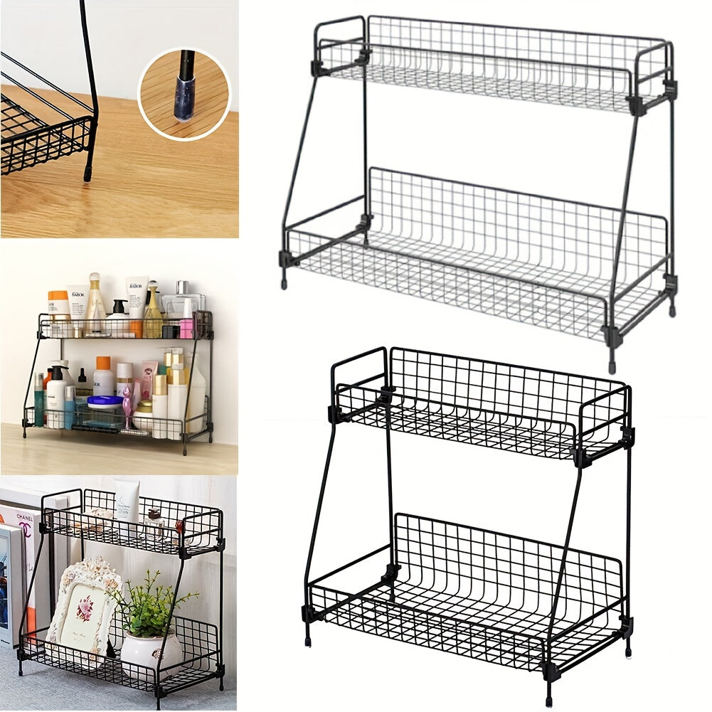 Double Layer Bathroom Organizer Metal Basket Storage Shelf Rack