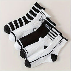 5 Pairs Letter & Striped Print Socks Mid Tube Stockings